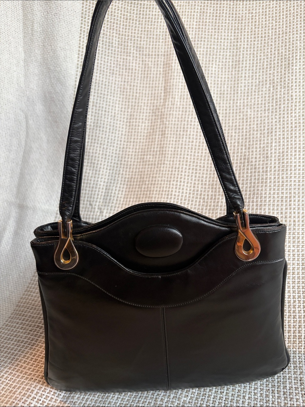 Vintage 1950s Classic Black Leather Shoulder Bag with gold mirror built in.